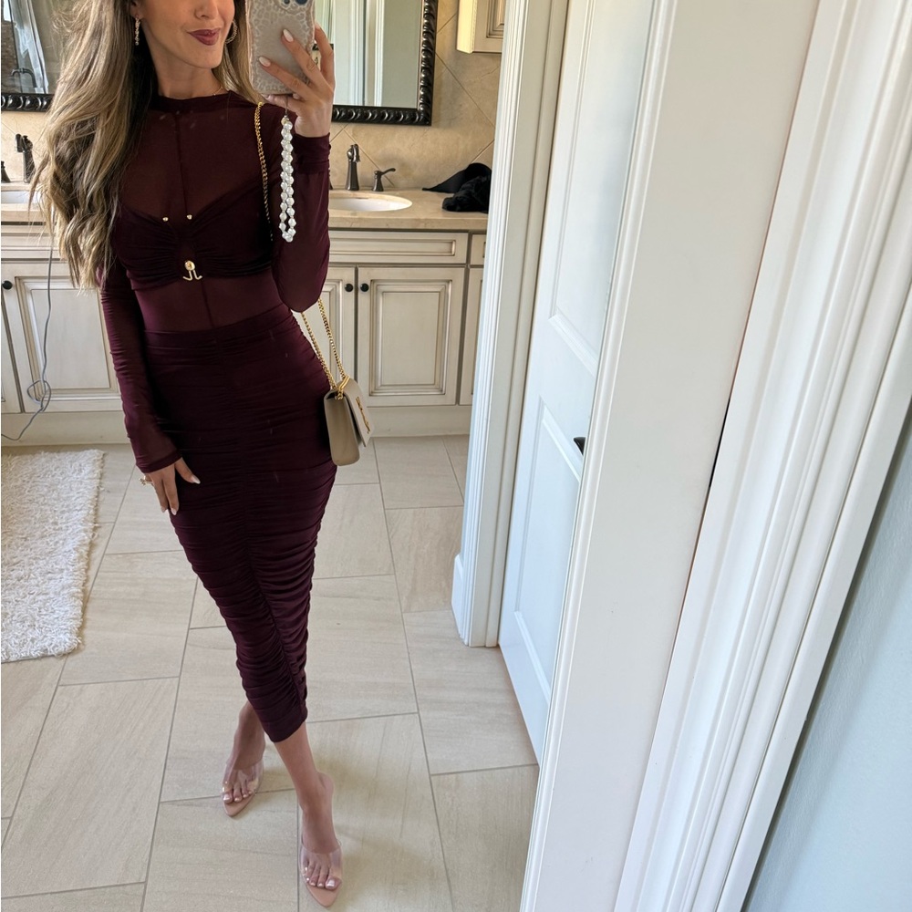Missguided Sheer Mesh Long Sleeve Midi Dress Top in Wine